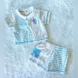 Vintage BabyWorks Daddy’s Sailor Shorts and Shirt Set  0-3 Months White and Blue